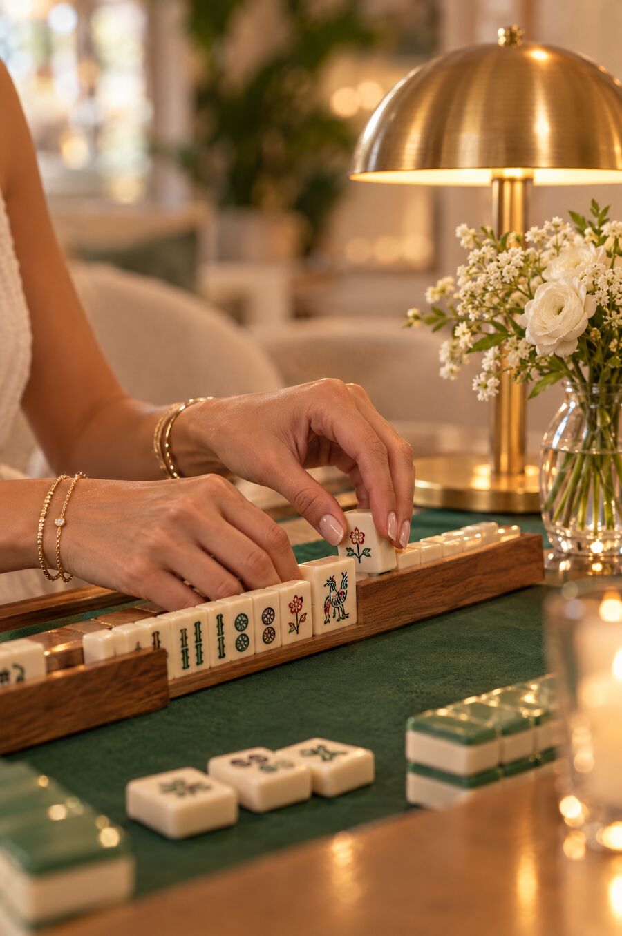 Hands with gold bracelets arranging tiles on a rack