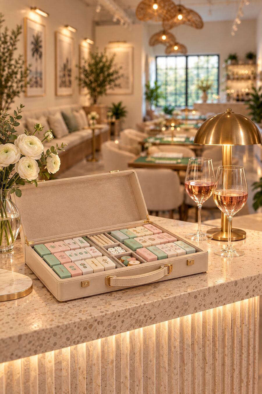 A designer mahjong set on the travertine counter with two glasses of rosé