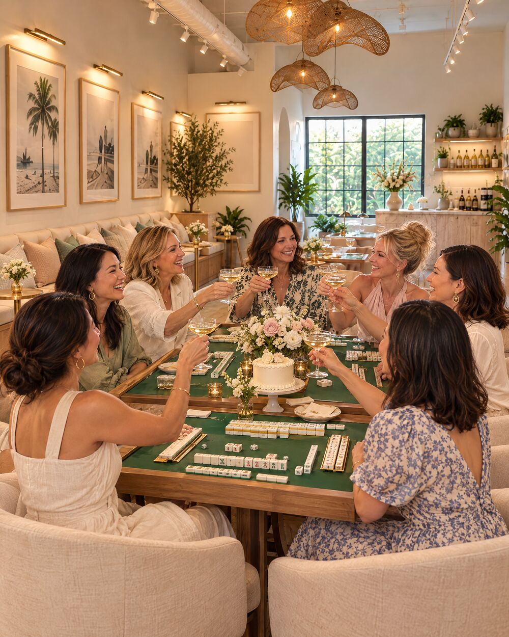 A birthday toast at two pushed-together tables